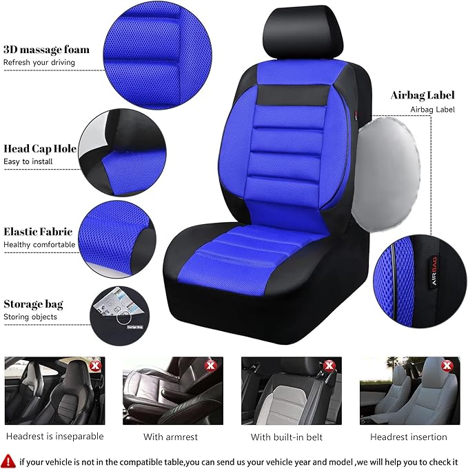 CAR PASS Leather 3D Foam Back Support Car Seat Covers Full Set Air Mesh Automotive Seat Covers, All Season Car Seat Cover Fit Automotive,SUV,Sedan,Van, Airbag Compatible Elegance(Black and Blue Royal)