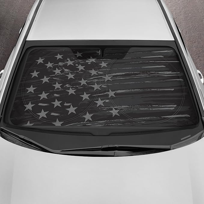 Motor Trend USA Vintage Flag Car Windshield Sun Shade for Front Window, Foldable Car Sun Shade with Patriotic Graphic, Collapsible Sun Visor Sunshade for Cars Windshield (Large, 69 x 35 inches)