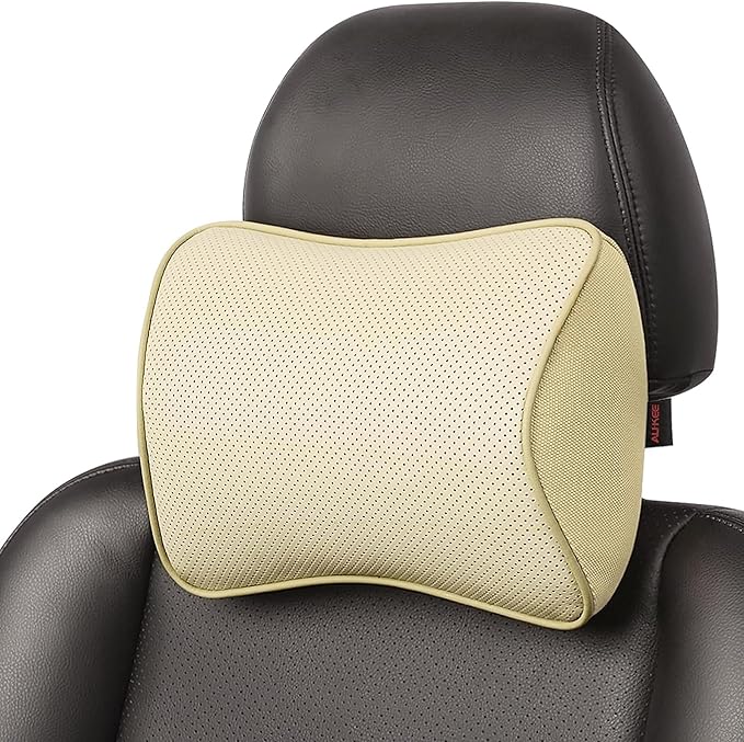 Aukee Car Headrest Pillow Memory Foam Car Neck Pillow Soft Leather Headrest for Driving Home Office Beige (1PC)
