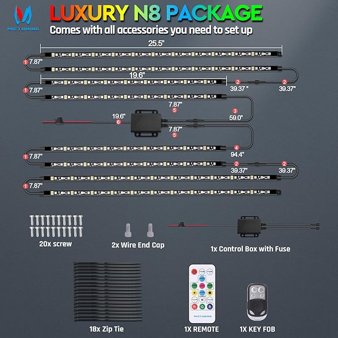 MICTUNING N8 RGBW Underglow Chasing Lights for Car with Remote & Key Fob Dual Control, IP68 Waterproof Rigid Aluminum LED Light Bar, Exterior Neon Accent Underbody Light Kit Multicolor Mode
