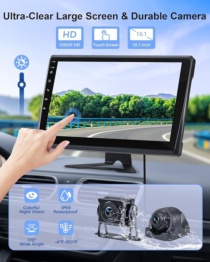 RV Backup Camera System with Carplay, Wired Security 1080P Cameras with 10.1 inch Android Auto 6 CH Touch Screen, GPS Navigation Loop Recording DVR for RV Semi Truck Trailer Camper