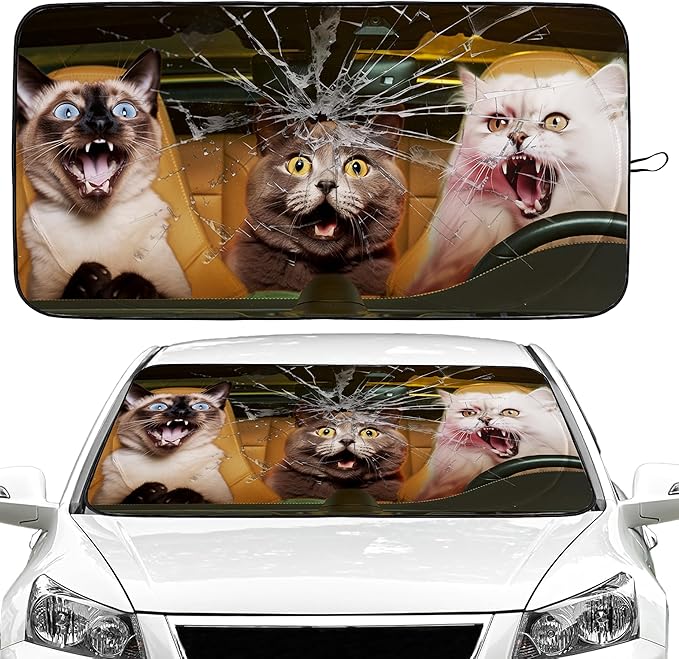 Funny Cat Car Windshield Sun Shade Foldable Sunshade Front Window Cover Sun Visor Protector Accessories (59x27.5 inches)
