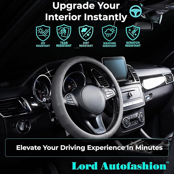 Lord Autofashion Steering Wheel Cover – PU Leather, Non-Slip Rubber Inner, All-Season Comfort – 14.5–15 Inch (Grey 8571)