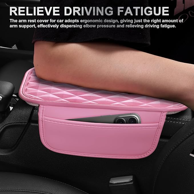 CAR PASS 3D Rhombus Leather Steering Wheel Cover Car Accessories Set, Comfortable Center Console Armrest Cushion with Storage Bags 2 Non-Slip Cup Coasters, 14.5-15in Cute Car Interior Sets, 4 PCS Pink