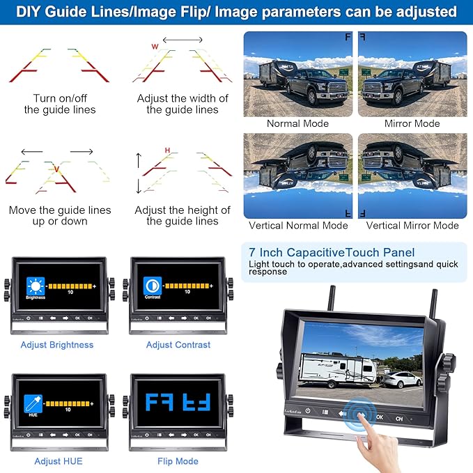 HD 1080P 7 inch RV Wireless Backup Camera: 15-Min Easy Install Clear Night Vision 4 Channels Recording Touch Key Monitor Rear View Camera for Furrion Pre-Wired RVs Travel Trailers Camper Truck