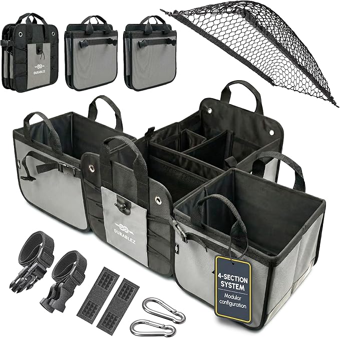 Modular 4-Section XL Trunk Organizer – Car Storage for Groceries, Tools, Sports Gear, Emergency Kits – Extra Large Multi-Compartment Cargo Box, Collapsible & Heavy Duty – Gray