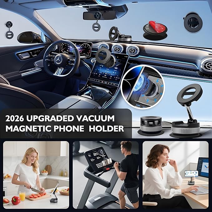 2026 Upgraded Reinforced Magnetic Car Phone Holder -24×N55 Ultra Magnets 110 LBS - 360°Swivel & Rock-Solid Hold Suction Cup Car Phone Mount for Magsafe iPhone 17 Pro Max 16-12 Air Plus