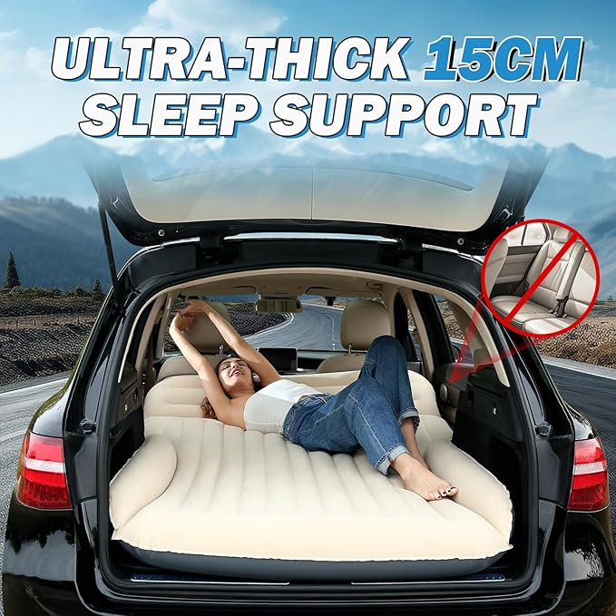 Car Bed with The Most Complete Sleeping Accessories,Leakproof Durable Car Mattress, with Pillow & Pump|for SUV Minivan Mpv Road Trip Inflatable Bed,Single-Sided Flocking Off-White + Gray