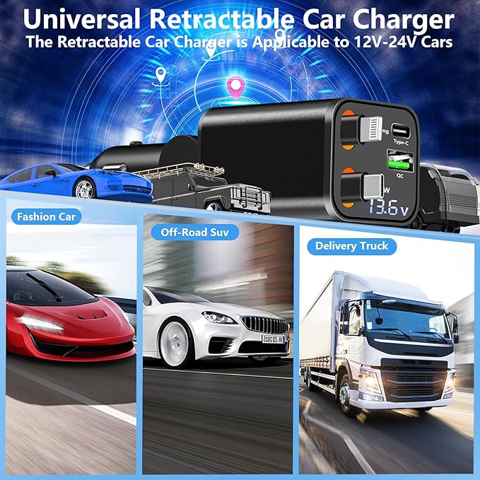 [Apple MFi Certified] Retractable Car Charger, Linocell 120W USB C Car Charger 4 in 1 PD/QC Type C Fast Charging Cigarette Lighter Adapter for iPhone 17/17 Pro Max/16/15/14/13/12/Galaxy S26/S25/Pixel