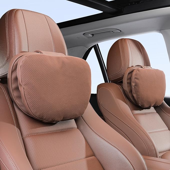 Car Headrest Pillow for Driving, Dual-Sided Leather Design Neck Pillow, Breathable Softness Neck Support, Universal Fit Head Rest Travel Pillow, Brown, 2 Pack