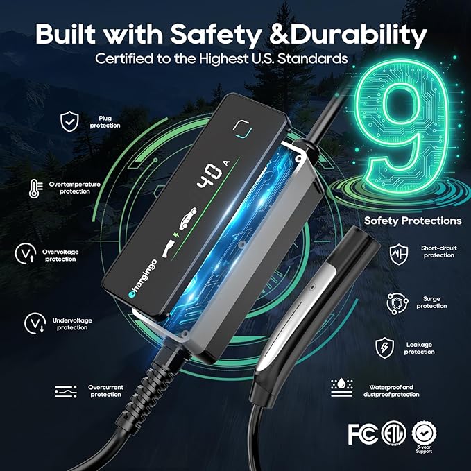 Level 2 EV Charger for Tesla (NACS Connector), 40A 240V NEMA 14-50 Plug, 25FT Cable Portable EV Charger for Home/Outdoor, Adjustable 16-40A with LCD Display, ETL Certified Fast Charging