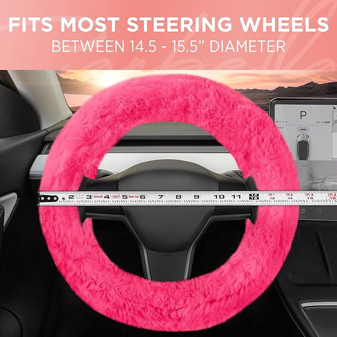 Carbella Aspen Hot Pink Fuzzy Steering Wheel Cover for Women ‚Äì Cute and Stylish Fluffy Fur Steering Wheel Cover for Cars Trucks Vans SUVs, Universal Fit for Wheel Sizes 14.5 to 15.5 inches