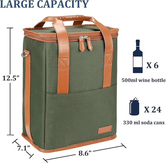 Tirrinia 6 Bottle Wine Gift carrier - Insulated & Padded Wine Carrying Cooler Tote Bag with Handle and Adjustable Shoulder Strap for Travel or Picnic, IDEAL Wine Lover Gift, Oliver