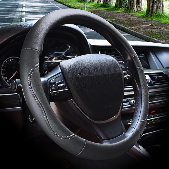 Elantrip Black Stitching Steering Wheel Cover - Universal Fit for 14 1/2 inch to 15 Inch Steering Wheels, Enhances Grip, Protects Steering Wheel, Adds Style