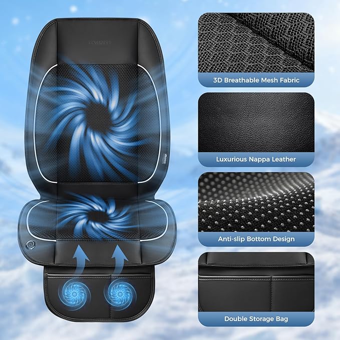 Coverado Cooling Car Seat Cushion, Universal Front Seat Cover 12V-24V Ventilated 3D Mesh Breathable Pad with 3 Speed Mode Dual Fan for Cars SUV Heatwave Driving Black&White