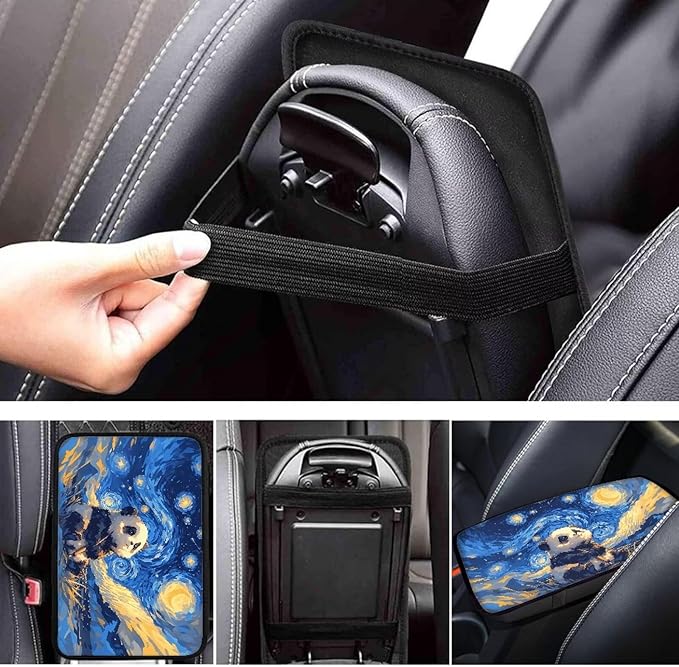 Auto Center Console Pad, Oil Painting Starry Sky Panda Armrest Covers for Trucks Vans SUV Cars, Car Interior Decor Accessories for Women Men Easy to Install