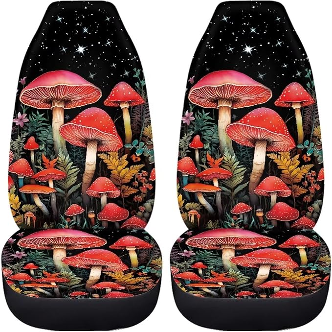 BIGCARJOB Mushroom Car Seat Cover Set for Women, Fantastic Print Auto Front Seat Protector Set of 2 Pcs, Vehicle Bucket Seat Pad, Car Accessories Gifts, Fit Most Vehicle, Cars, Sedan