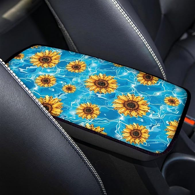 Blue Sunflower Thin Car Armrest Pads Auto Armrest Box Cover Comfortable Middle Storage Organizer Pad Universal Style Car Accessories Decor