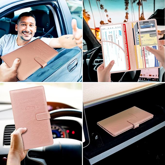 RSAquar Car Registration and Insurance Holder, Leather Car Glove Box Organizer, Cool Car Accessories for ID, Driver's License Cards & Essential Document, Men&Women, Rose Gold