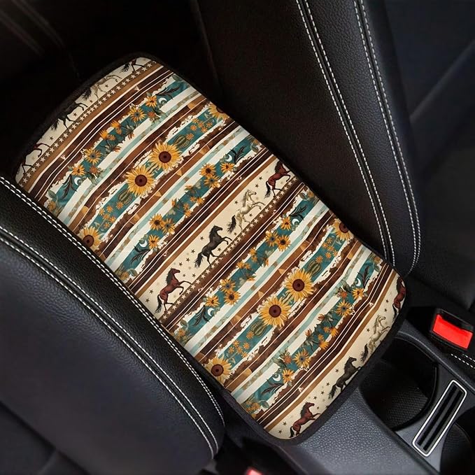 Auto Center Console Pad, Easy to Install Armrest Cover Pad for Trucks Vans SUV Cars Aztec Horse Sunflower Universal Car Interior Decor Accessories for Women Men