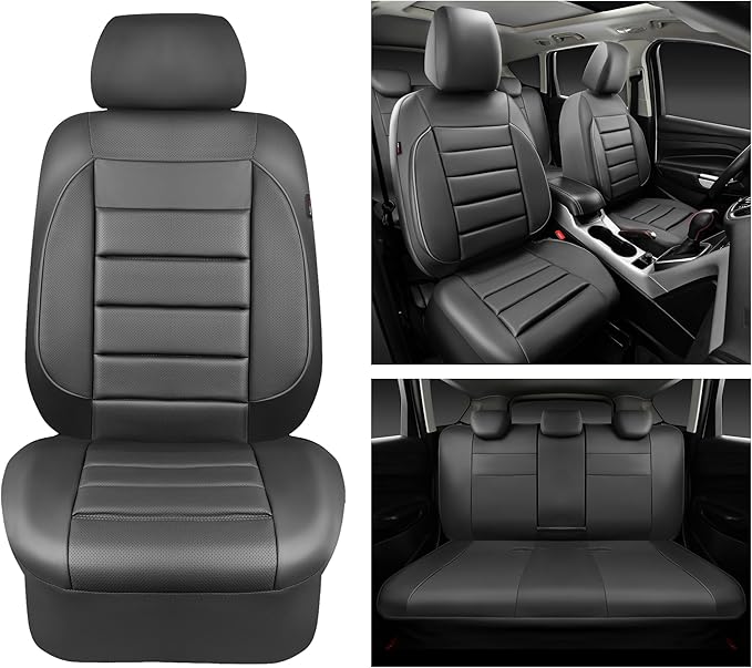 CAR PASS Leather Seat Covers Full Set Universal Water Resistant 3D Foam Back Support, Luxury Comfort Automotive 5 Seat Covers All Season Fit for SUV,Sedan,Van, Airbag Compatible Elegance (Gray)
