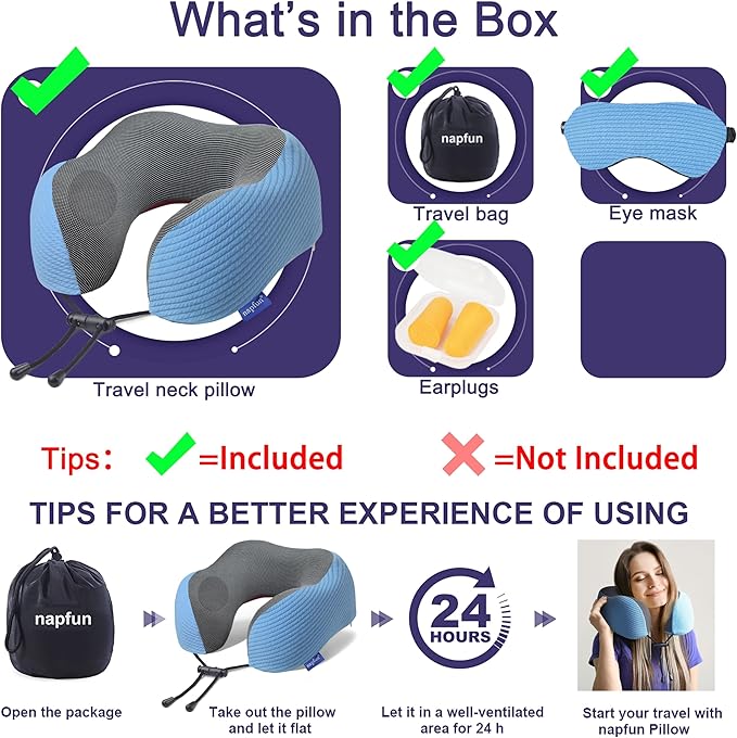 napfun Neck Pillow for Traveling, Upgraded Travel Neck Pillow for Airplane 100% Pure Memory Foam Travel Pillow for Flight Headrest Sleep, Portable Plane Accessories, Sky Blue Striped Kit