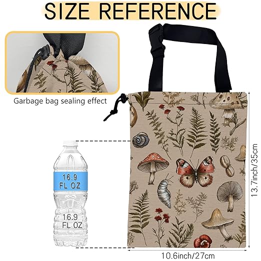 Retro Mushrooms Car Trash Bag,Nature Woodland Strap Drawstring Car Garbage Bags,Car Back Seat Organizer with Adjustable Buckle for Car Accessories