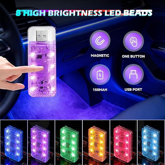 4 PCS Car LED Lights, USB Plug-in Rechargeable 8 High-Brightness LED Beads, Portable Mini Touch Control Dimmable Night Light for Car/Bedroom/Party/Holiday Decoration (2 Green & 2 Purple)