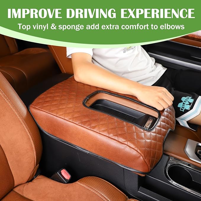 LLKUANG Car Center Console Armrest Cover Pad Fit for Toyota Tundra 2007-2021 Waterproof Leather Seat Armrest Box Cushion Pad Protector (Brown)