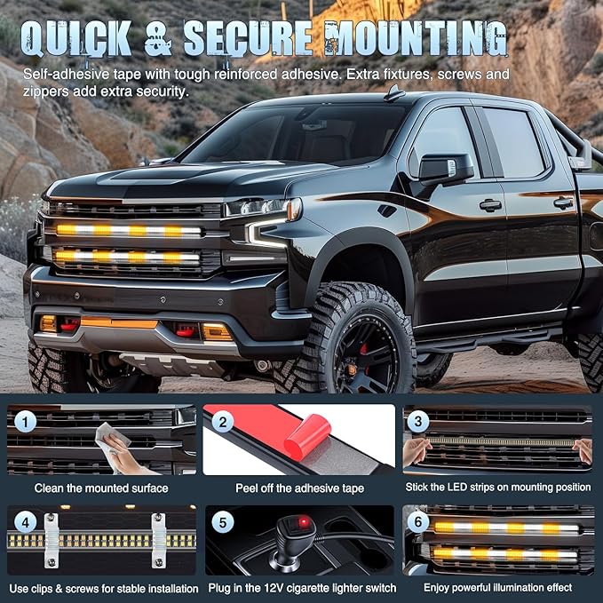 Nilight 2PCS 24 inch Truck Grille Strobe Lights Strip 384 LED Emergency Light Amber White Flexible Side Flashing Warning Caution Safety Waterproof Lighting Kit for Trucks Tow Plow Construction Vehicle