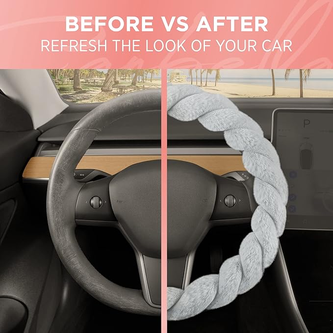 Carbella Twisted Fur Gray Steering Wheel Cover, Standard 15 Inch Size Fits Most Vehicles, Fuzzy Fluffy Car Steering Cover with Soft Faux Fur Touch, Car Accessories for Women
