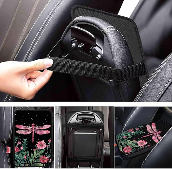 Flower Dragonfly Car Center Console Cushion Pad for Most Cars Soft Armrest Seat Box Cover, Waterproof Auto Armrest Cover Protector, Dragonfly Cars Interior Accessories