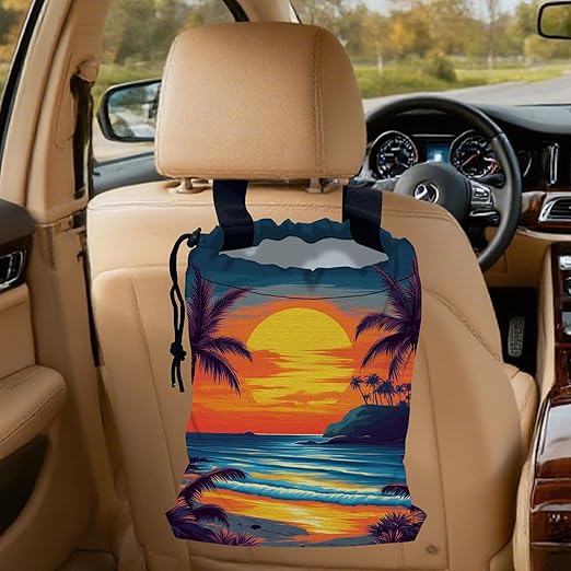 Beach Sunset Car Garbage Bag,Coconut Trees Small Car Trash Bag Hanging,Drawstring Car Garbage Bag with Adjustable Buckle for Car Back Seat,SUVs,Camping,Road Trips