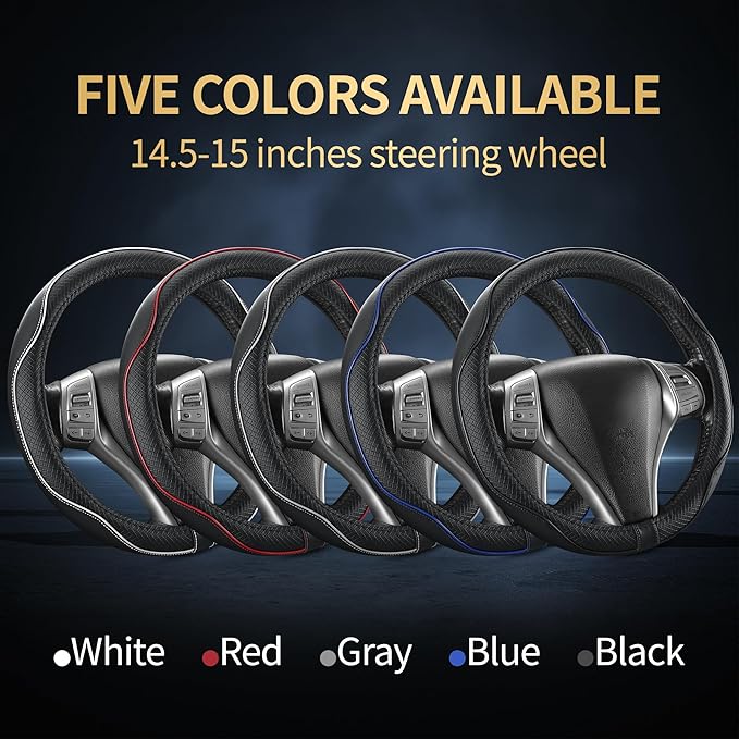 Leather Car Steering Wheel Cover,Anti-Slip, Safety, Soft, Breathable, Heavy Duty, Thick, Full Surround, Sports Style,Universal Car Accessories for Women Men Fit 14" 1/2-15"(Black)