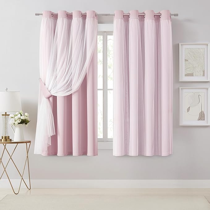 Bujasso Pink Blackout Curtains with Sheer Overlay Mix and Match Double Layer 80% Room Darkening Window Treatment Set for Girls Bedroom Living Room Pink Drapes with Tiebacks Grommet Top 54" Wx63 Lx2