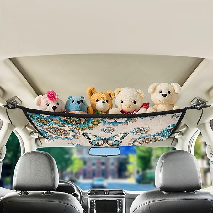 NDISTIN Butterfly Car Ceiling Cargo Net Pocket Adjustable Cargo Net for Inside Car Roof Vintage Boho Floral Car Roof Storage Bag Car Ceiling Storage Accessories for Long Road Trip Travel