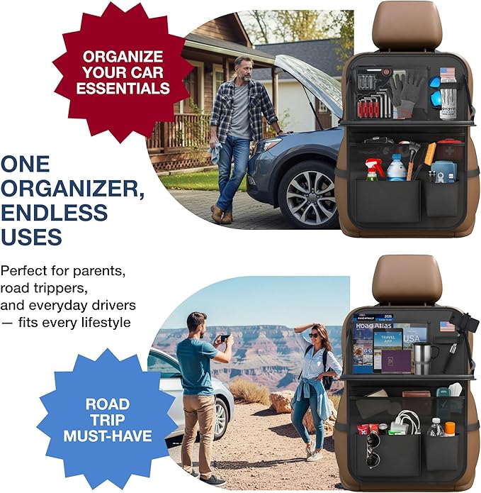 Car Backseat Organizer with Tablet Holder (2-pack) - Updated 2025 Oxford 600D Car Storage Organizer, Foldable Car Tray Kids, Road Trip Essentials, Back Seat Protector Kick Mats, Travel Accessories