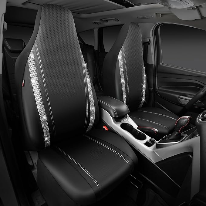 CAR PASS Leather Car Seat Covers Front Two Tesla Model 3 Model Y, Bling Waterproof Universal fit High Back Bucket Diamond Shining Glitter Crystal Sparkle, Truck SUV Cute Women Girl, Silver Rhinestone