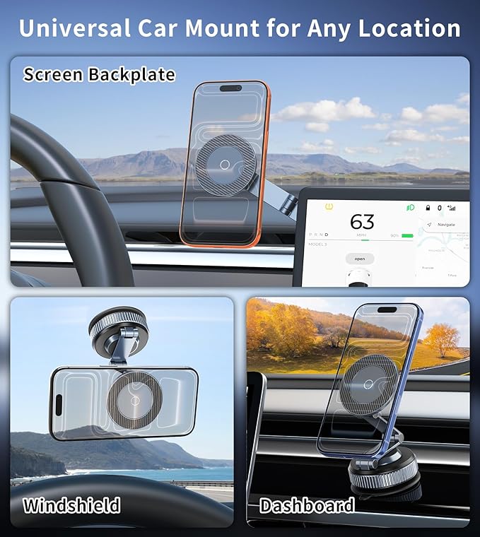 Magnetic Car Mount for Tesla, 360° Adjustable Phone Holder for Tesla Model 3 and Y, Strong Magnet & Foldable Car Accessories, All-metal Phone Mount for Magsafe Compatible with iPhone 17 16 15 Pro Max