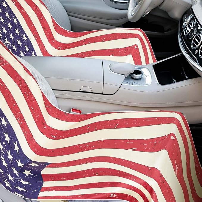 2 Pack Car Seat Towel Covers with Storage Bag 63 x 32 Inch Athletic Running Towel Seat Sweat Washable Non Slip Cover Gift for Car Outdoor Sport Activities (American Flag)