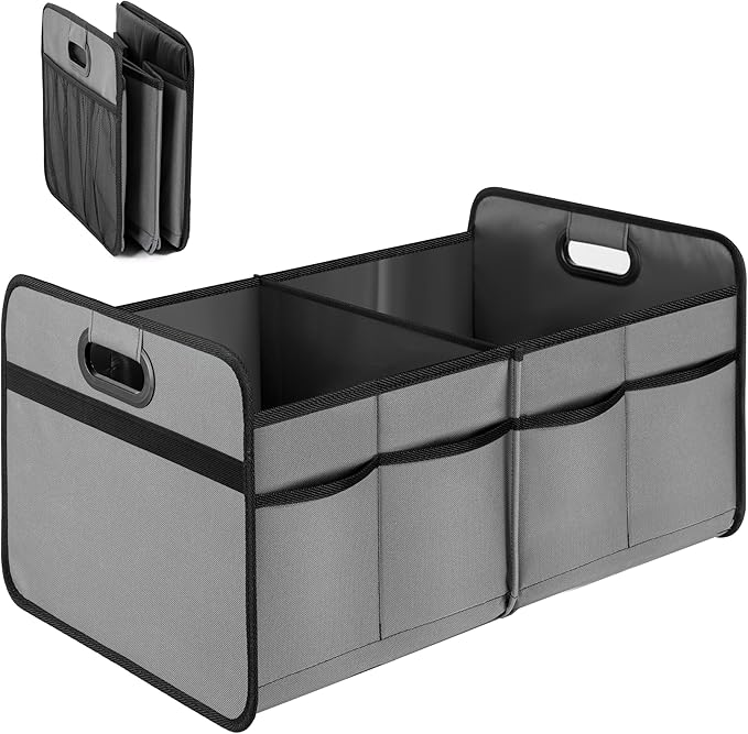 YSSOA Trunk Organizer for Car/SUV/Truck, Collapsible 2 Compartment Automotive Storage Box, 600D Waterproof Oxford Polyester 50L Travel Accessories, Anti-slip & Leak-proof, Grey