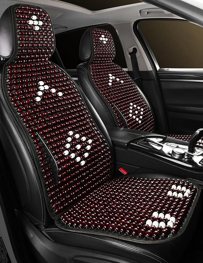 Wood Beaded Car Seat Cover Massaging Breathable Cooling Natural Wood Bead Cushion Universal Fit for Sedan, SUV & Truck. The Ergonomic Lumbar Support Can Relieve Painful from Long Trips