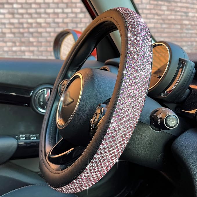 PINCTROT Large Size Bling Comfy Steering Wheel Cover with Jumbo Crystal Rhinestones, Anti-Slip Diamond Leather, 15.5-15.75 Inch (Pink)