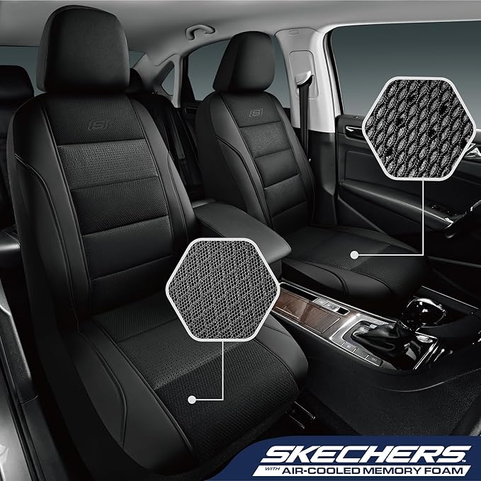 Skechers Men’s Seat Covers, Air-Cooled Memory Foam Car Seat Covers Front Seats, Airbag Compatible,Universal Fit for Most Cars, SUVs, Vans and Trucks,Black