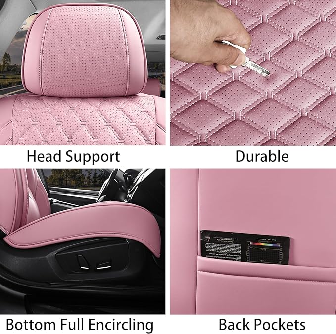 Car Seat Covers Front Seats Pink, Luxury Faux Leather Car Seat Covers Waterproof Non-Slip Seat Protector Universal Fit for Most Cars SUVs Trucks Pick-ups, Cute Pink Car Accessories for Women