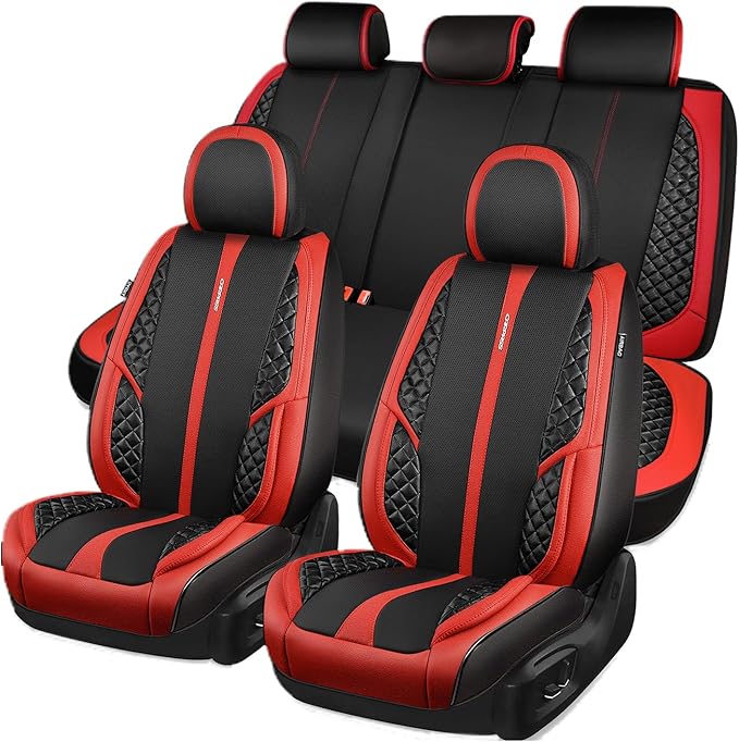 CAR PASS Nappa Leather Car Seat Covers Full Set Waterproof Protector Durable Cushioned,Universal Fit for Sedan SUV Pick-up Truck,Automotive, Anti-Slip and Backseat Luxury Premium(Black and Red)