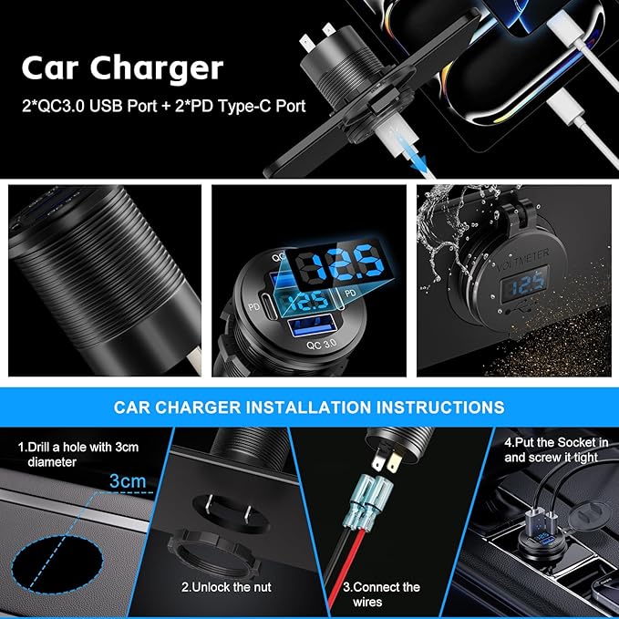 12V USB Outlet, 4 Port Aluminum Charger Socket 2 C PD & 2 QC3.0 with Voltmeter, 12V/24V Car USB Charger Socket for Car Boat Marine Bus Truck Golf RV Motorcycle and More 2-Pack