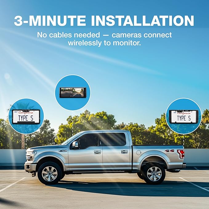 Type S Solar Powered Parking Assistant Set with Wireless Dual Backup Cams, 6.8'' Touchscreen Monitor, 720p HD Resolution, Enhanced Night Vision, Wide View Angle, Self-Charging, No Hardwire