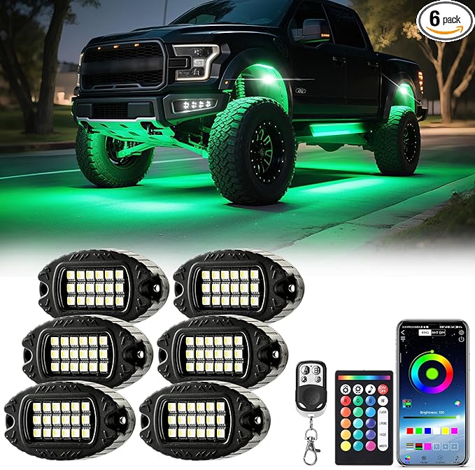 6 Pods Alloy RGBW Rock Lights，LED Upgraded RGB Underglow Lights for ATV UTV Golf Cart Truck RZR SXS Offroad Jeeps, Waterproof Metal Multicolor Neon Underglow Kit with APP/RF Remote Music Mode,12V