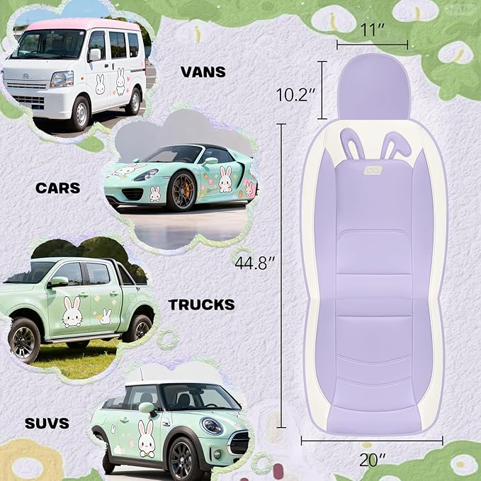 PIC AUTO Car Seat Covers, Cute Rabbit Premium Purple Leather Seat Covers, Universal Fit Front Seat Covers for Cars, Trucks, SUVs, Soft & Wear-Resistant Auto Interior Protection with Airbag-Compatible